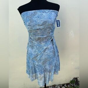 See You Monday Blue Paisley Strapless Top & Mini Skirt Set Y2K Mesh
